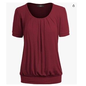 Made By Johnny Women's Scoop Neck Short Sleeve Top LARGE Pleated Blouse Wine Col